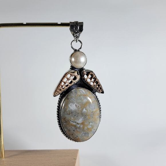 Handmade Silver Pendant – Fossil Coral & Pearl + 20" Sterling Silver Snake Chain - Picture 5 of 10